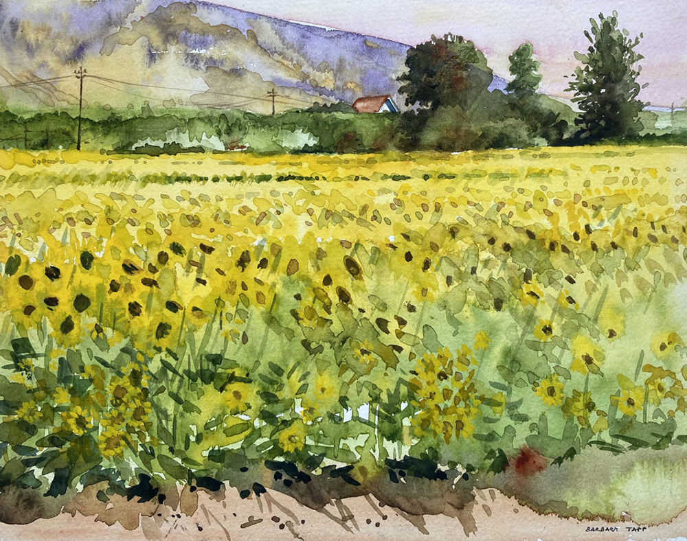 Watercolor painting of a sunflower field with mountains in the background