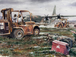 Watercolor painting of an artist airman painting heavy machinery and aircraft in the field