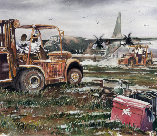 Watercolor painting of an artist airman painting heavy machinery and aircraft in the field