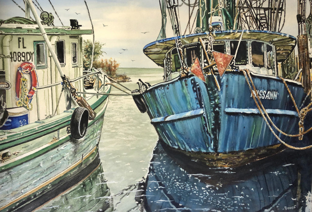 Watercolor painting of boats in the water