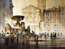 Thomas W. Schaller, "“Evening in Trastevere," watercolor, 22 x 30 in.; included in the 2024 Watercolor Live Faculty Art Auction