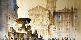 Thomas W. Schaller, "“Evening in Trastevere," watercolor, 22 x 30 in.; included in the 2024 Watercolor Live Faculty Art Auction