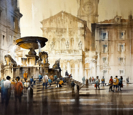 Thomas W. Schaller, "“Evening in Trastevere," watercolor, 22 x 30 in.; included in the 2024 Watercolor Live Faculty Art Auction