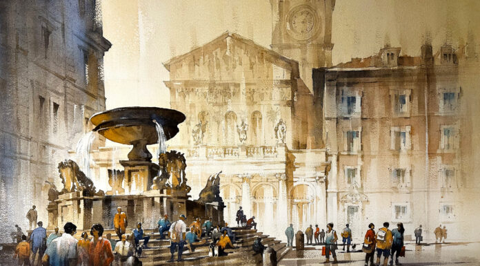Thomas W. Schaller, "“Evening in Trastevere," watercolor, 22 x 30 in.; included in the 2024 Watercolor Live Faculty Art Auction