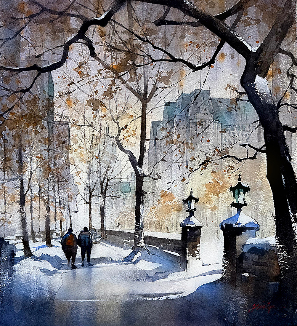 The final demo painting from Thomas Schaller's Watercolor Live session: "Imaginary Cityscape," watercolor, 15 x 14 in.