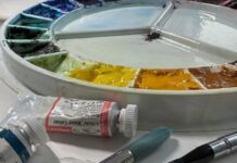 Watercolor palette and brushes